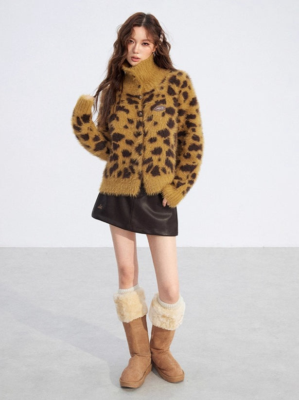 Leopard Mink-Plush Knit Sweater