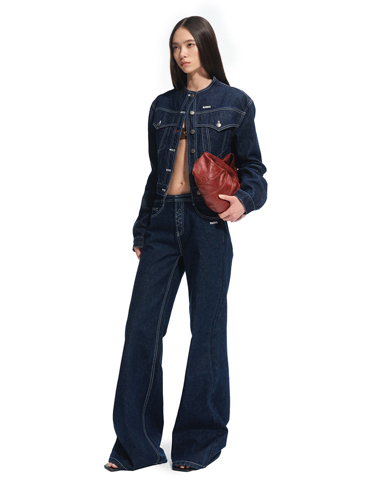 Denim Stand-Collar Regular Shoulder Cropped Jacket - CHINASQUAD