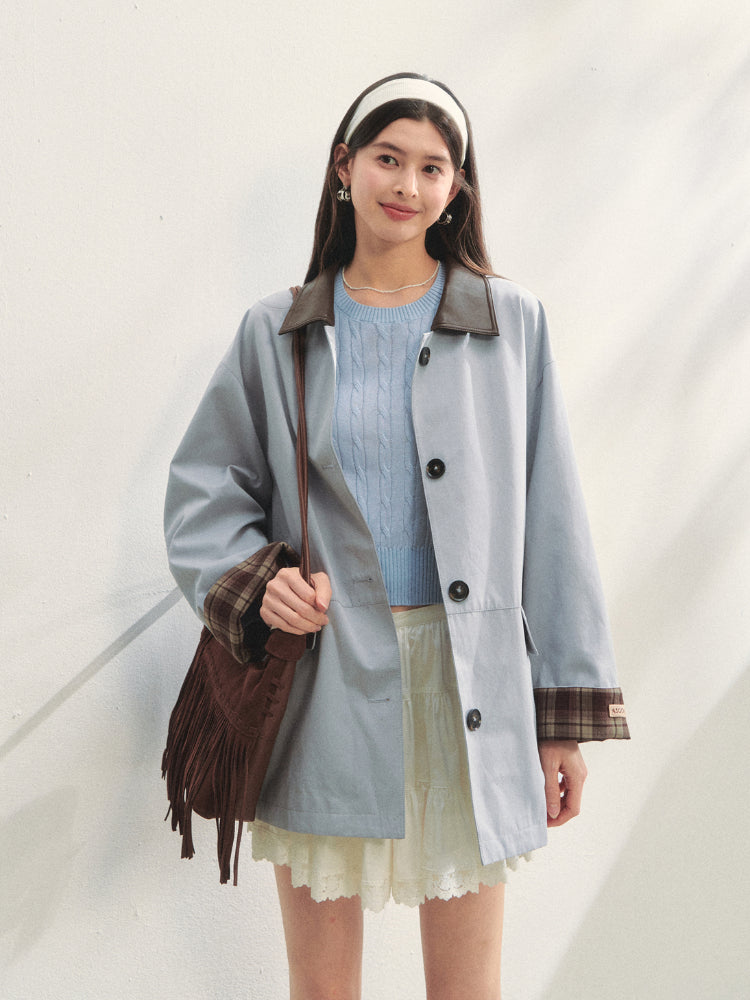 Plaid Patchwork Color-Block Trench Coat - CHINASQUAD