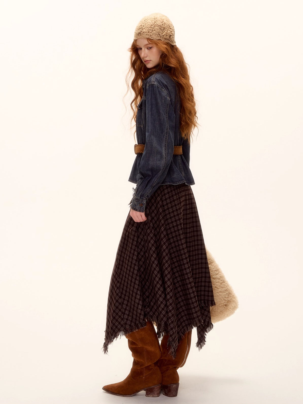 Frayed Hem Plaid Studded Belt Asymmetric A-Line Midi Skirt