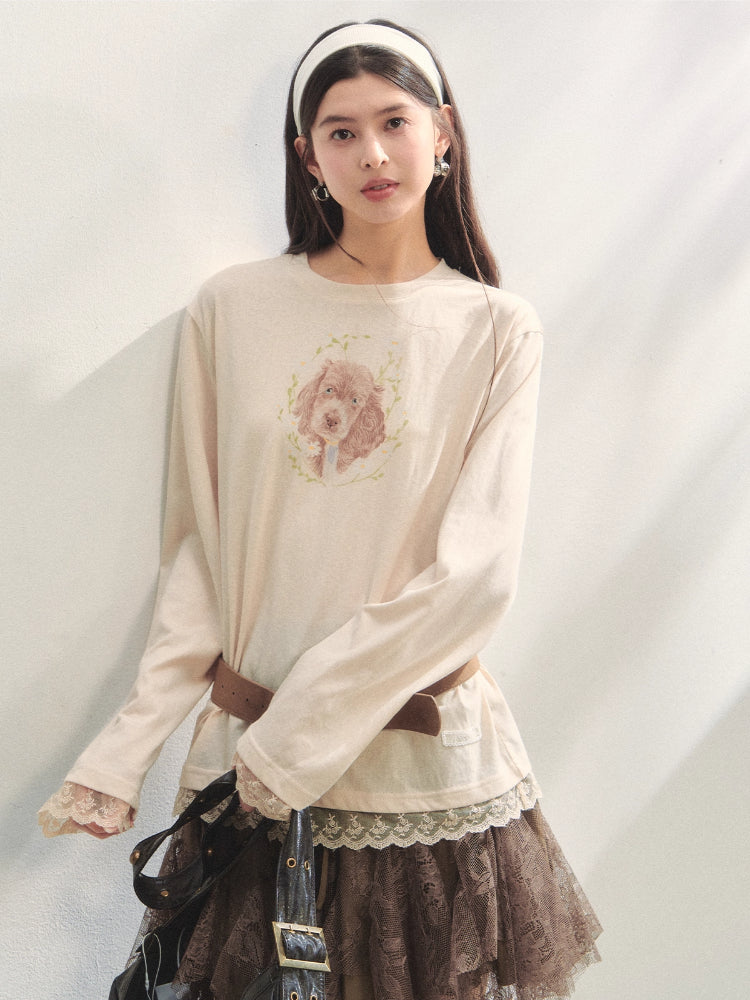 Lace Panel Animal Print Long-Sleeve Tee - CHINASQUAD