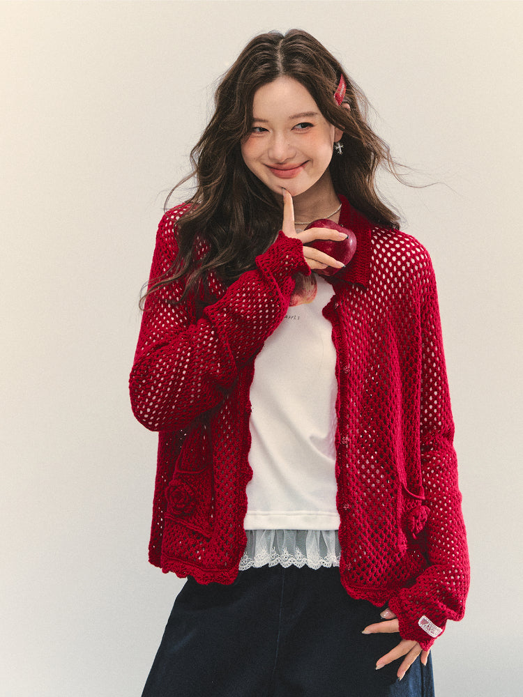 Hollow-out 3D Flower Crochet Lapel Cardigan - CHINASQUAD
