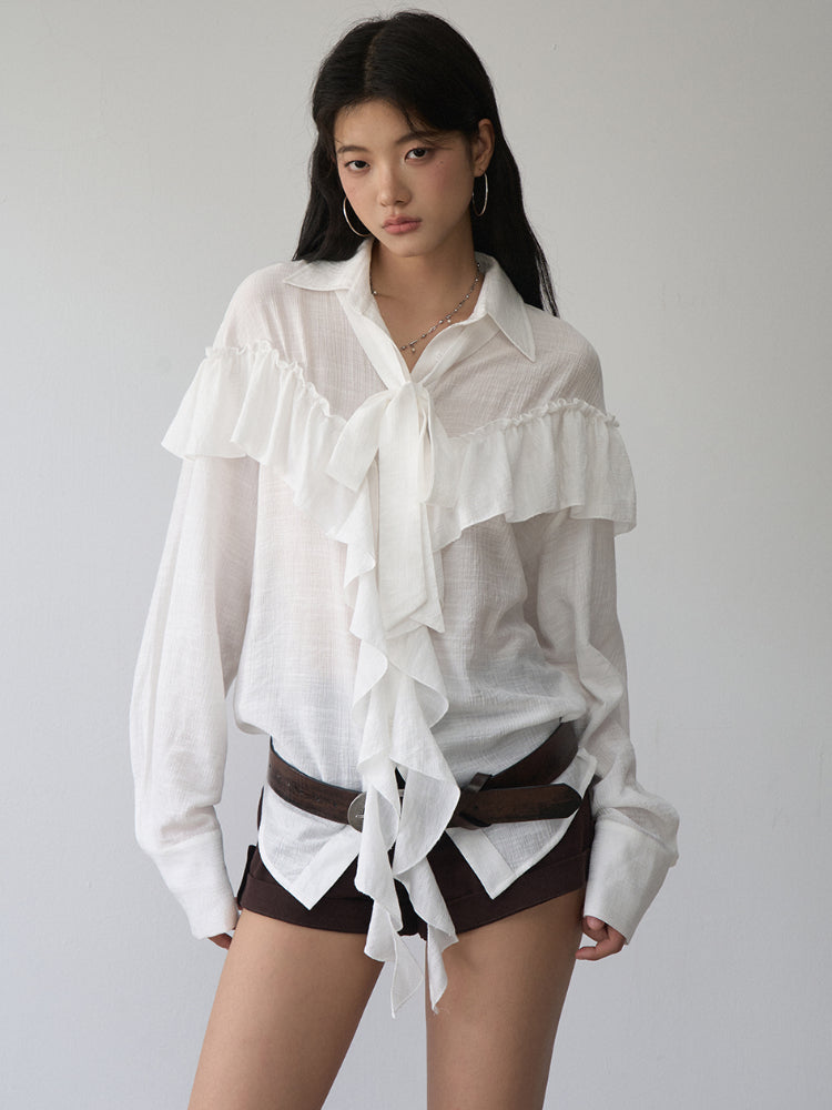 White Ruffled Drawstring Long-Sleeve Shirt - CHINASQUAD