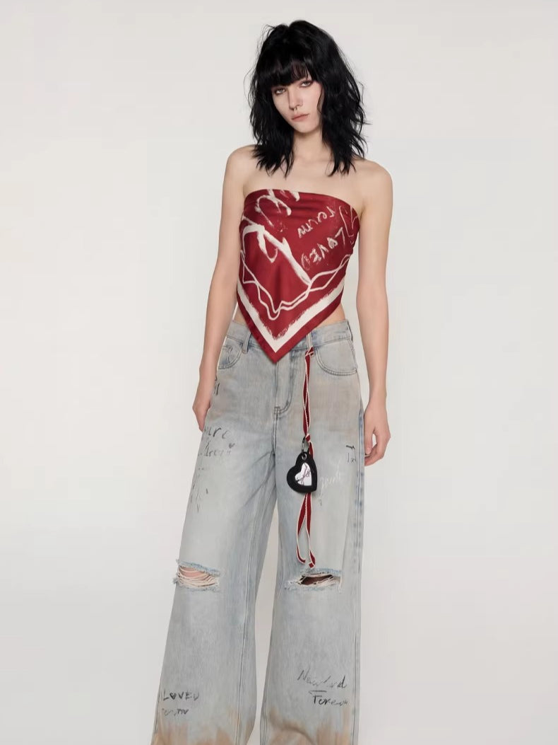 Graffiti Spray-Wash Wide-Leg Denim Jeans