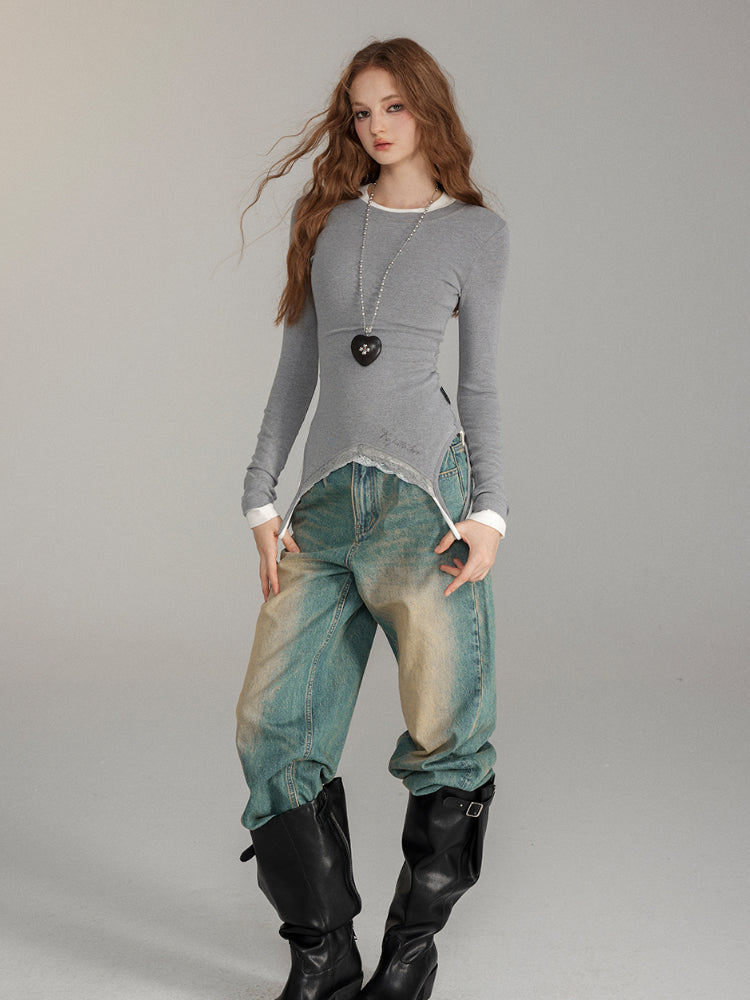 Lace-Trimmed Slim Fit Long-Sleeve Blouse - CHINASQUAD