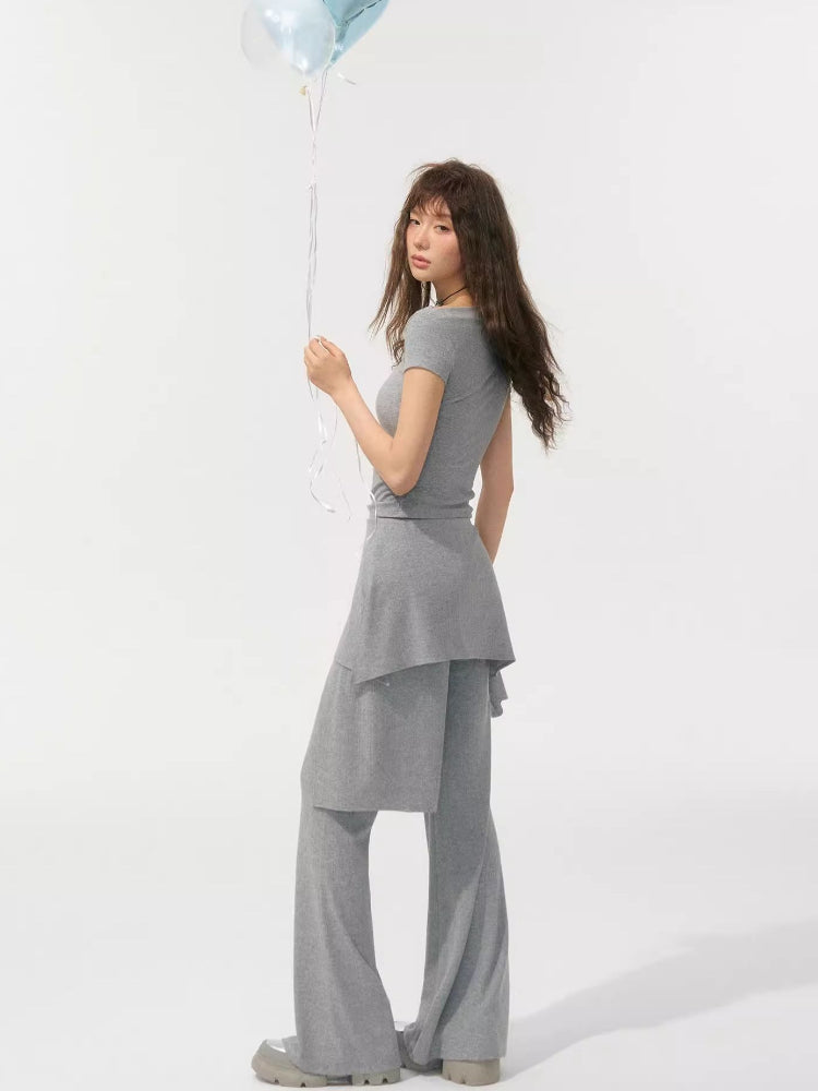One Shoulder Irregular Slanted Pleat T-shirt & Pants Set - CHINASQUAD