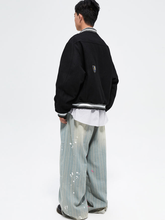 Black Vintage Heavy Wool Baseball Jacket - CHINASQUAD