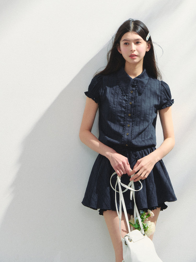 Navy Blue Waist-cinching Dress - CHINASQUAD