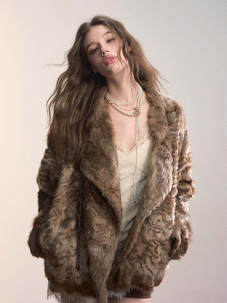 Textured Faux Fur Oversized Lapel Jacket