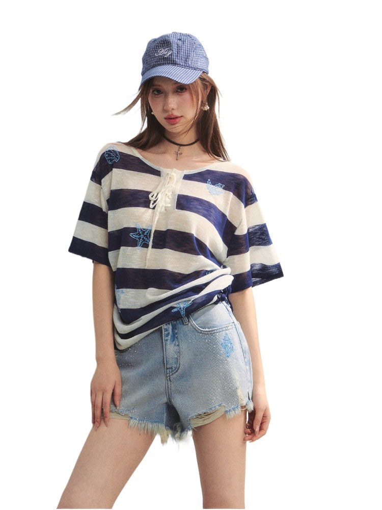 Striped Embroidery Drawstring Tie T-Shirt - CHINASQUAD