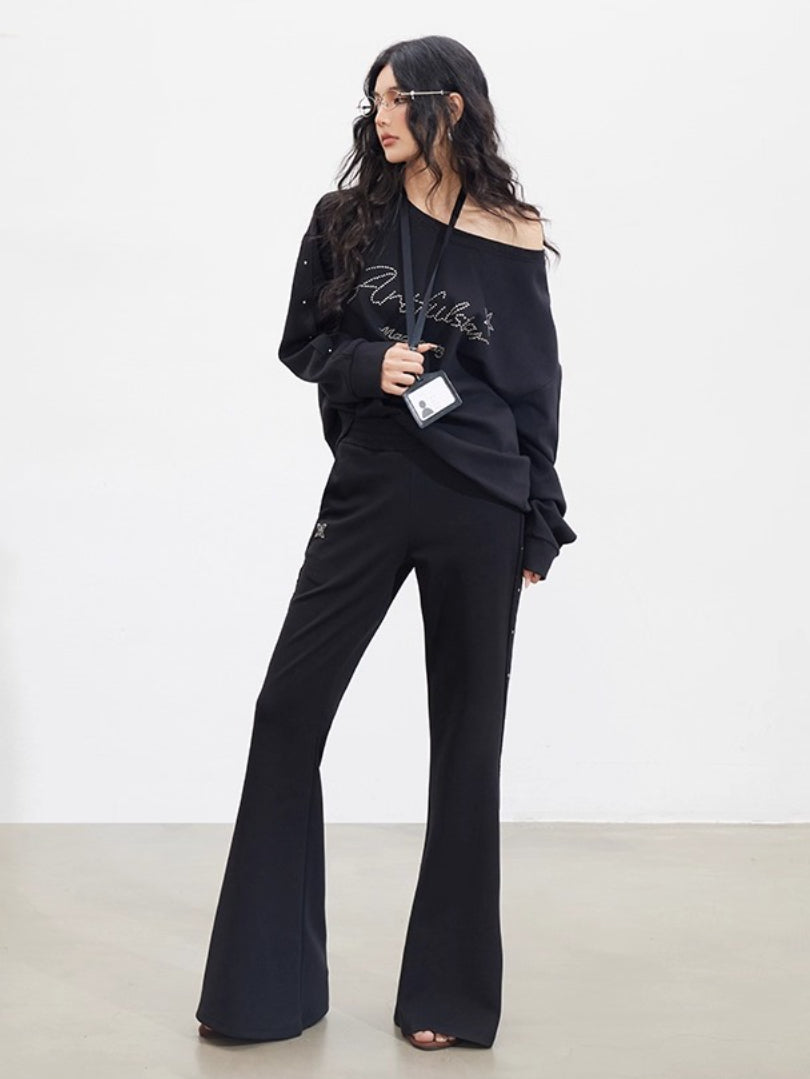 Studded Letter Off-Shoulder Sweatshirt