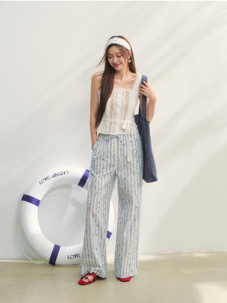 Striped Print Patchwork Embroidery Lace Straight Pants - CHINASQUAD