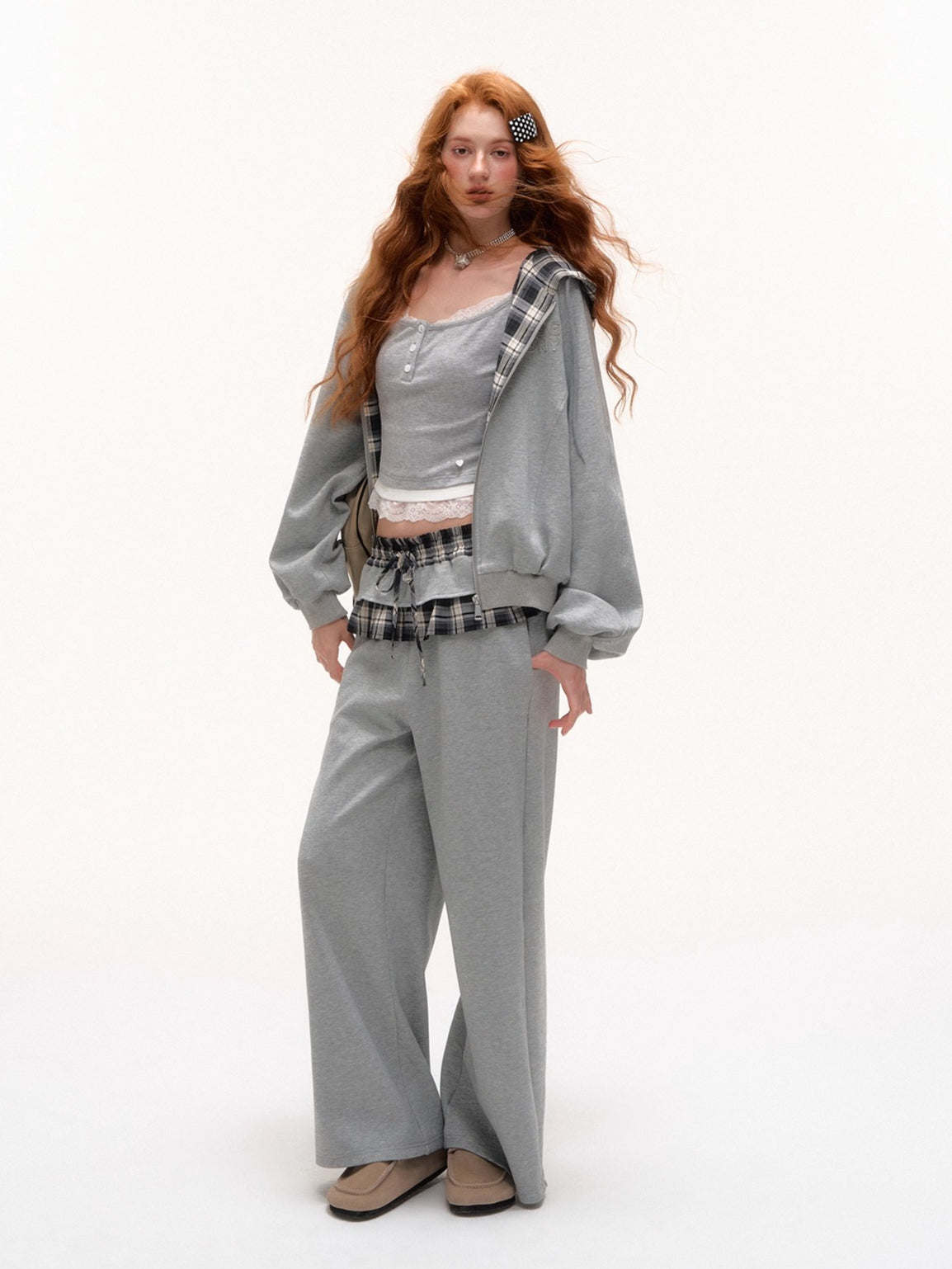 Plaid Patch Embroidered Sweatshirt & Ruffled Waist Pants Set - CHINASQUAD