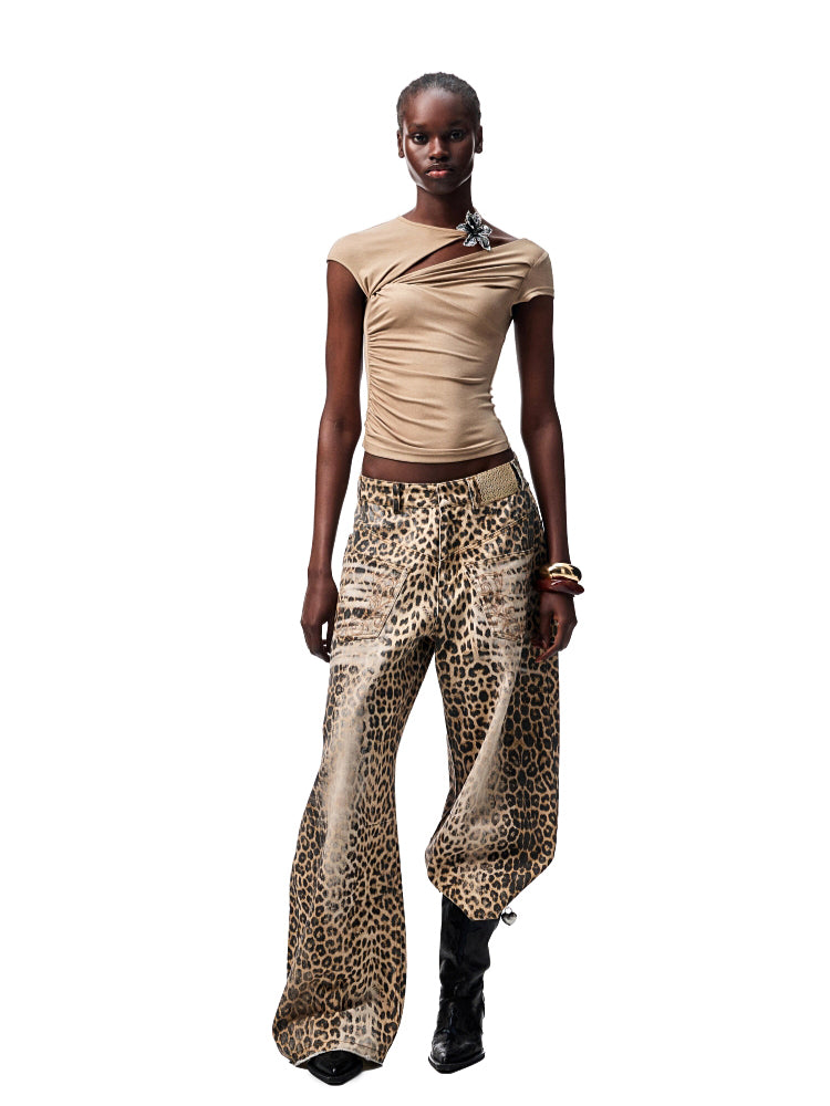 Washed Leopard Print Canvas Curved Pants - CHINASQUAD