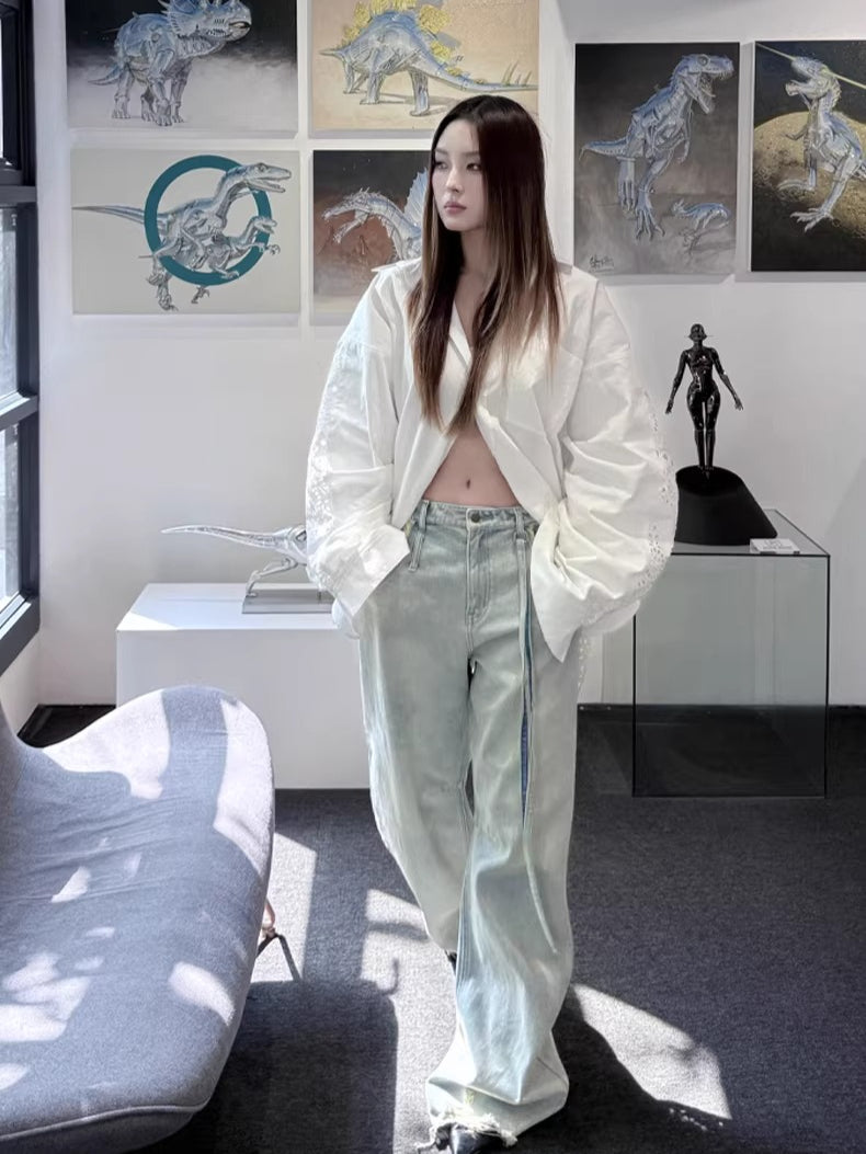 Washed Pleated Banana-Fit Denim Pants