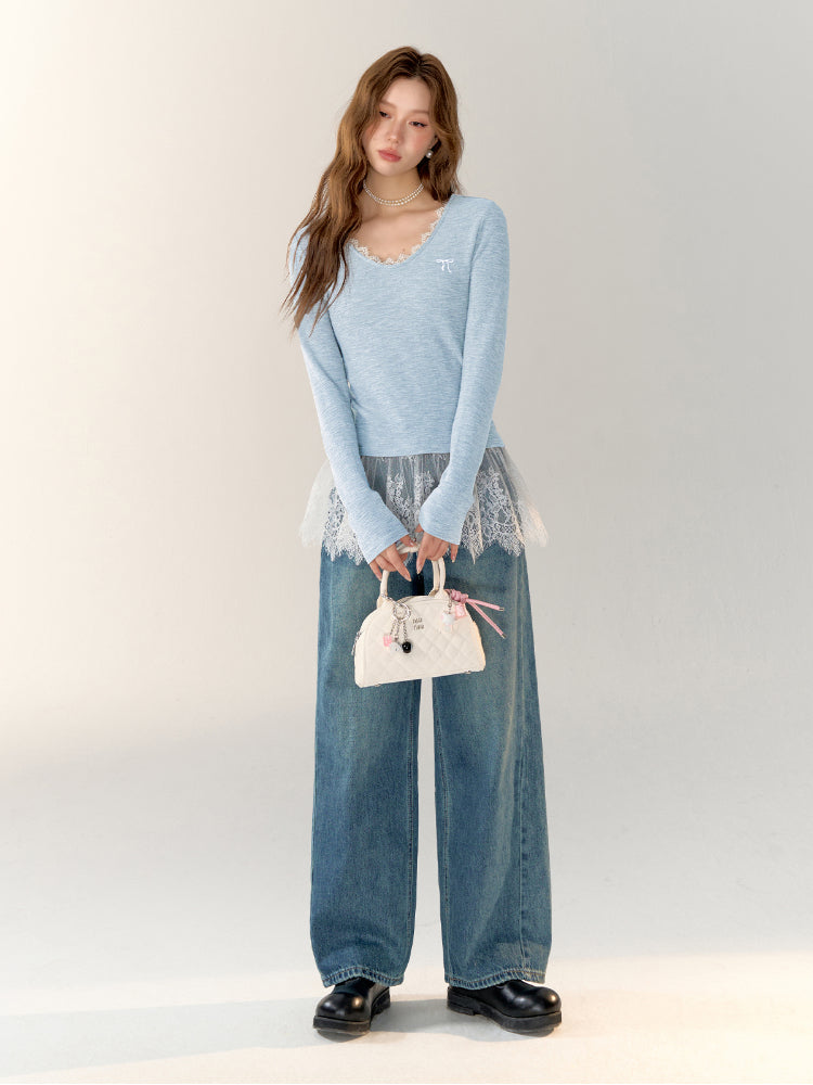 Lace-Trimmed Gray V-Neck Long Sleeve Top - CHINASQUAD