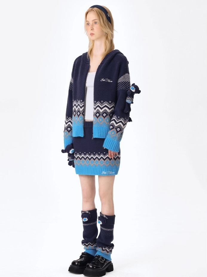 Contrast Zip-Up Hooded Knit Cardigan