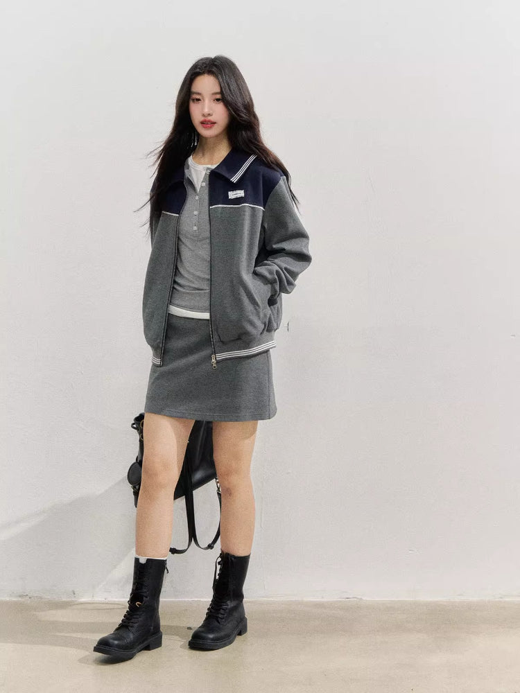Sporty Miu-Style Color-Block Preppy Jacket & Skirt Set