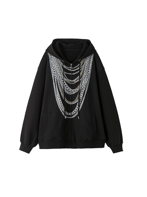 Black & White Oversized Chain Print Hoodie Cardigan - CHINASQUAD