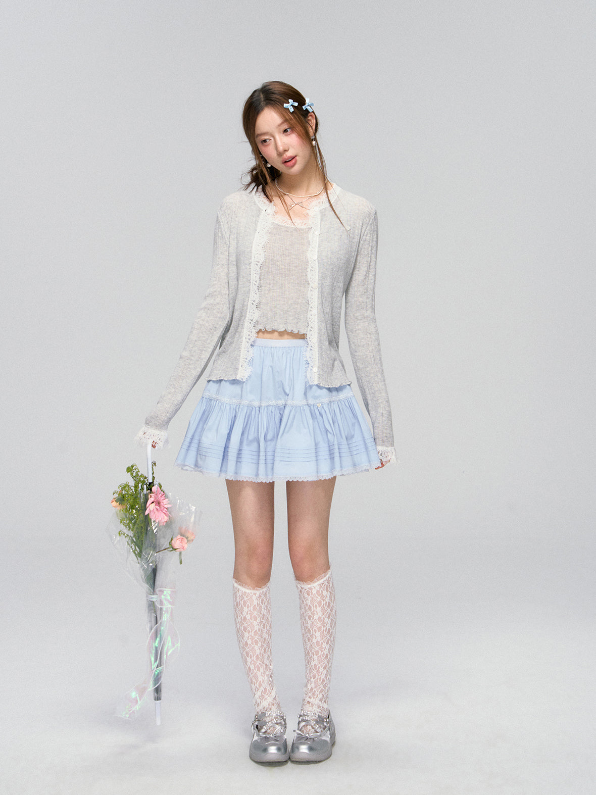 Blue Lace Trim Layered Skirt - CHINASQUAD