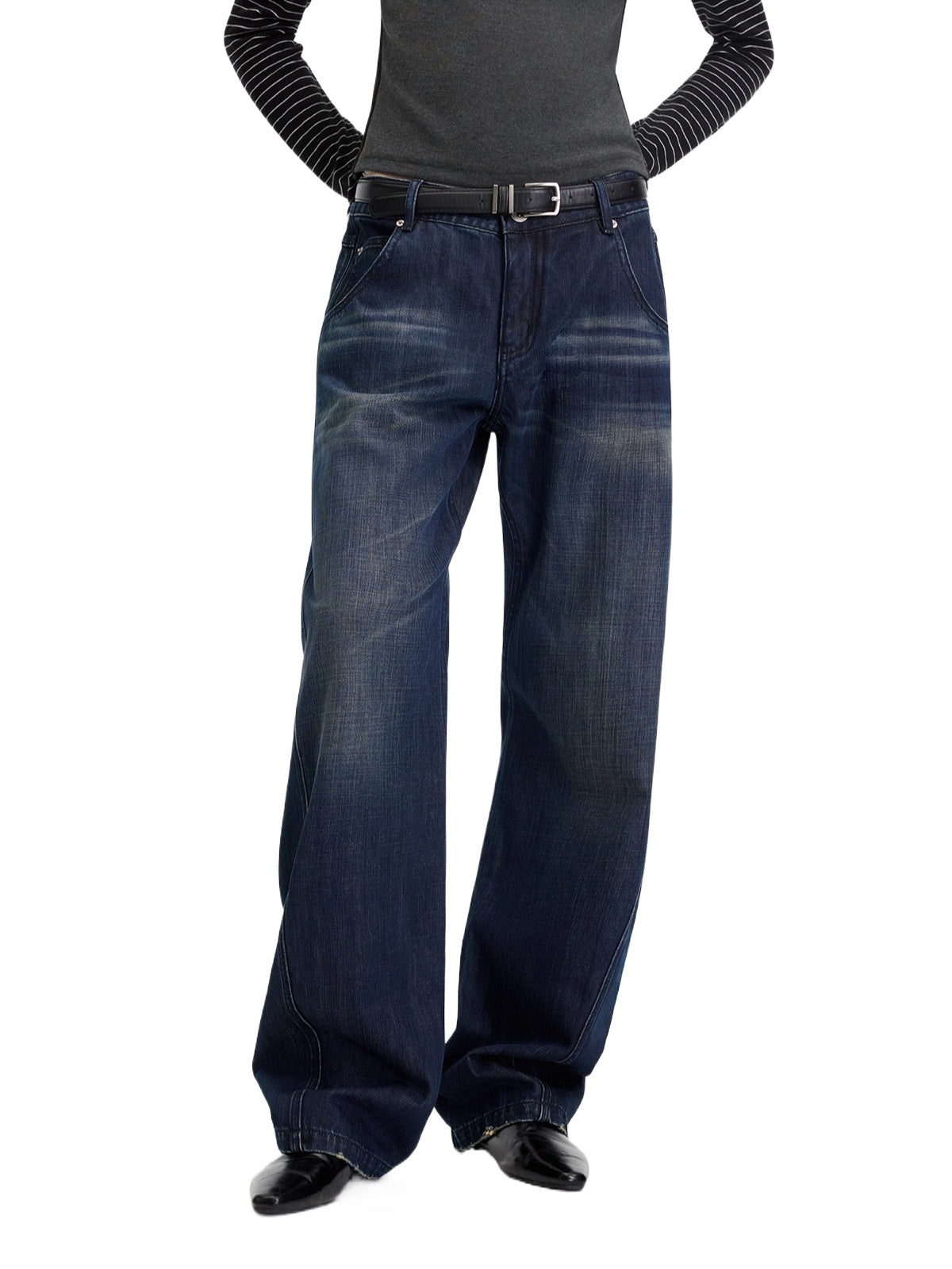 Washed Panel-Detail Curved Denim Pants