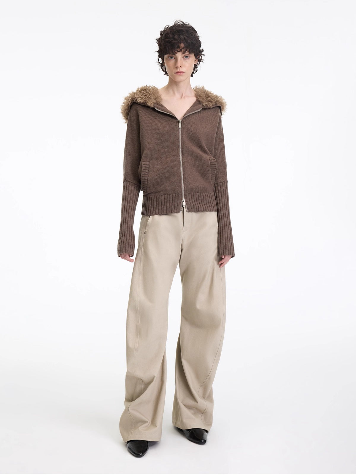 Wool-Blend Hooded Faux Fur Collar Knit Jacket