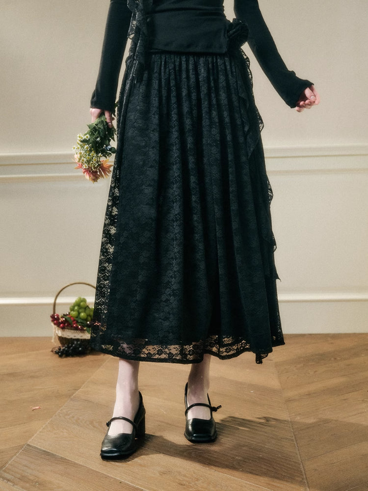 Lace Floral Asymmetrical Off-Shoulder Top & Skirt Set - CHINASQUAD
