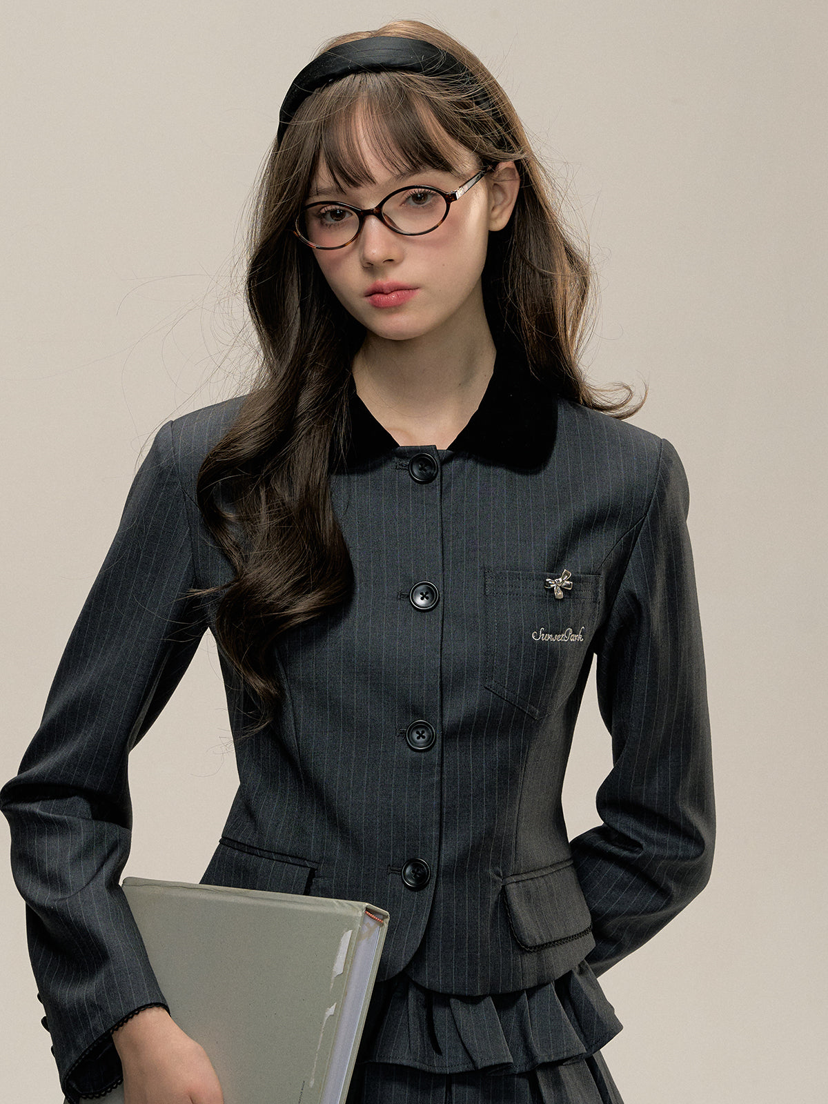 Gray Collar Patchwork Striped Blazer - CHINASQUAD