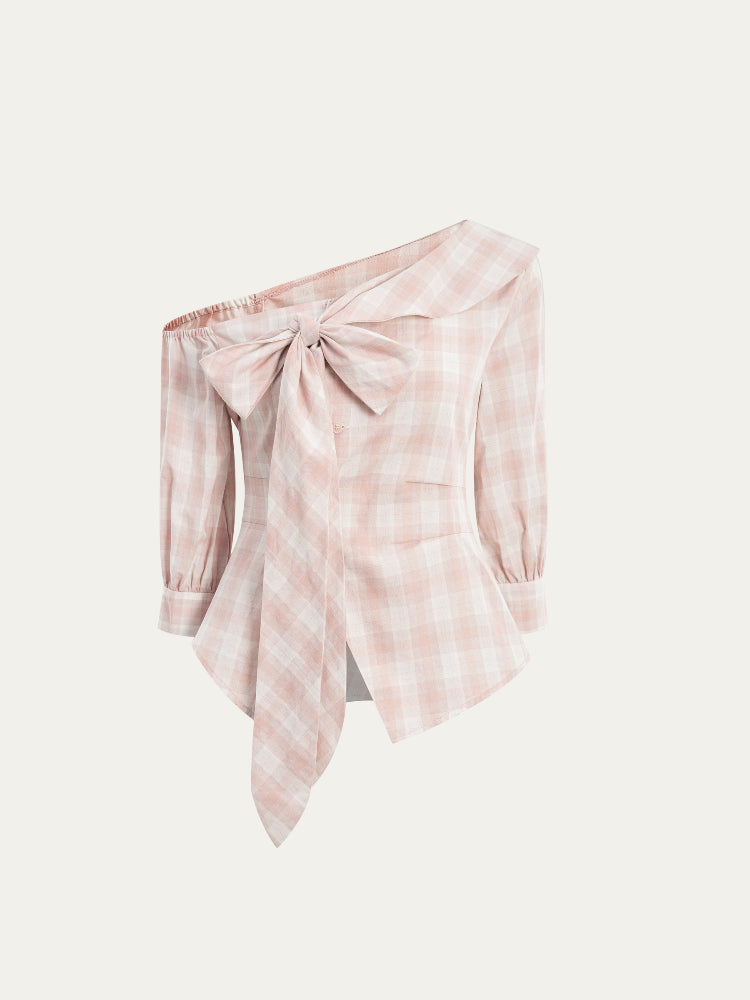 Checkered Bow One-Shoulder Asymmetric Waist-Cinching Shirt - CHINASQUAD