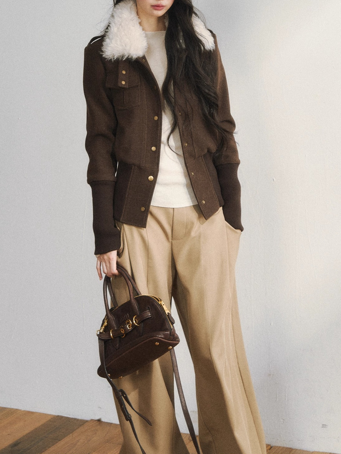 Khaki Tailored Low-Waist Wide-Leg Trousers - CHINASQUAD