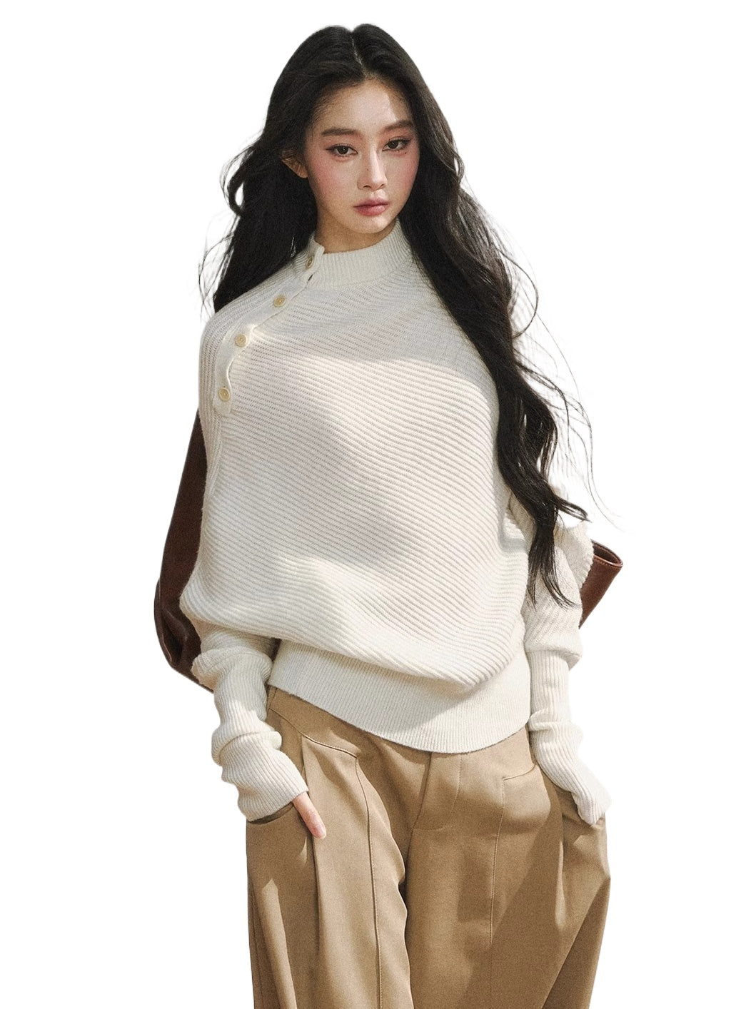 Asymmetric Buttoned White Knit Sweater