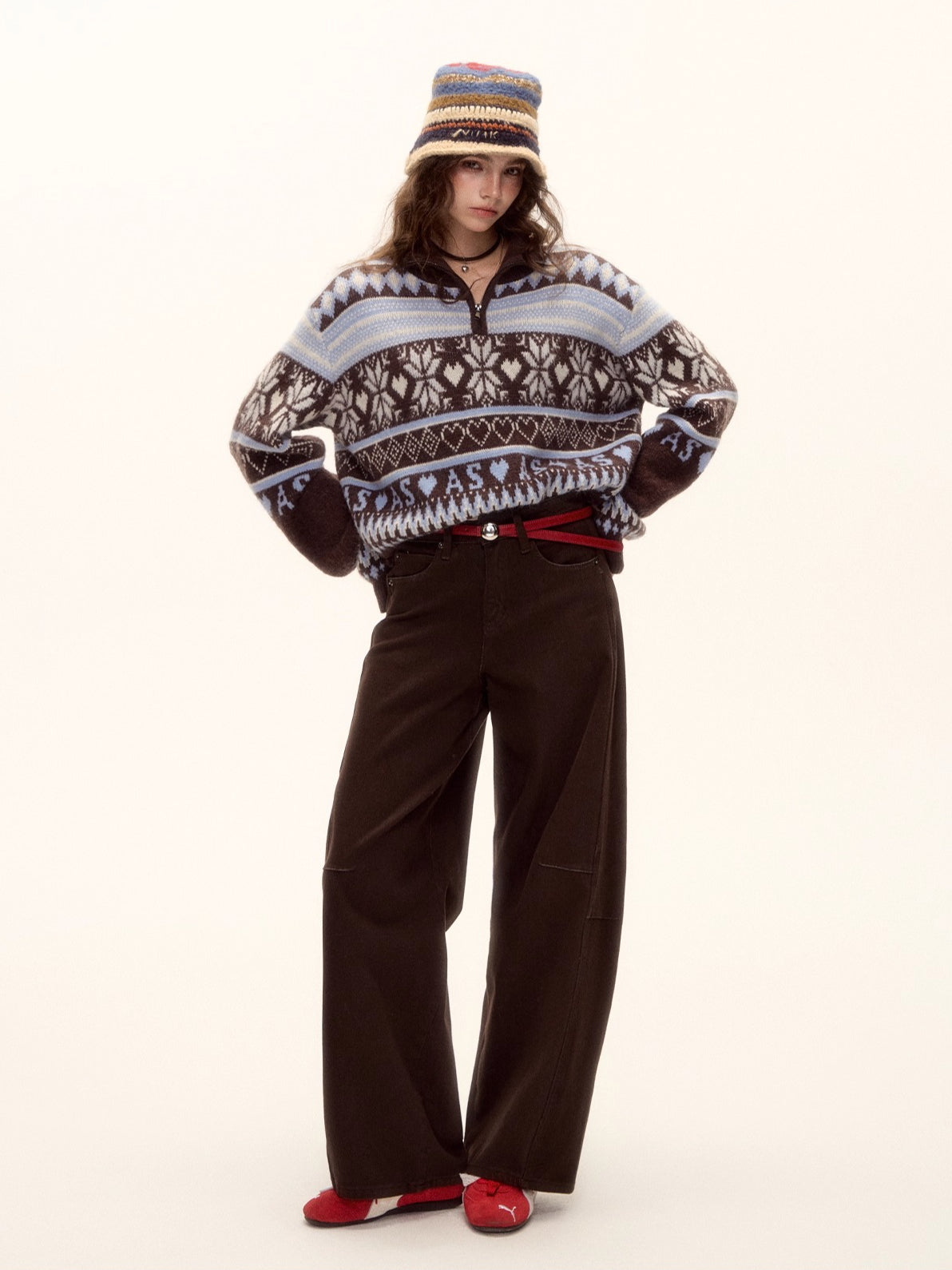 Vintage Fair Isle Half-Zip Fringe Hem Sweater