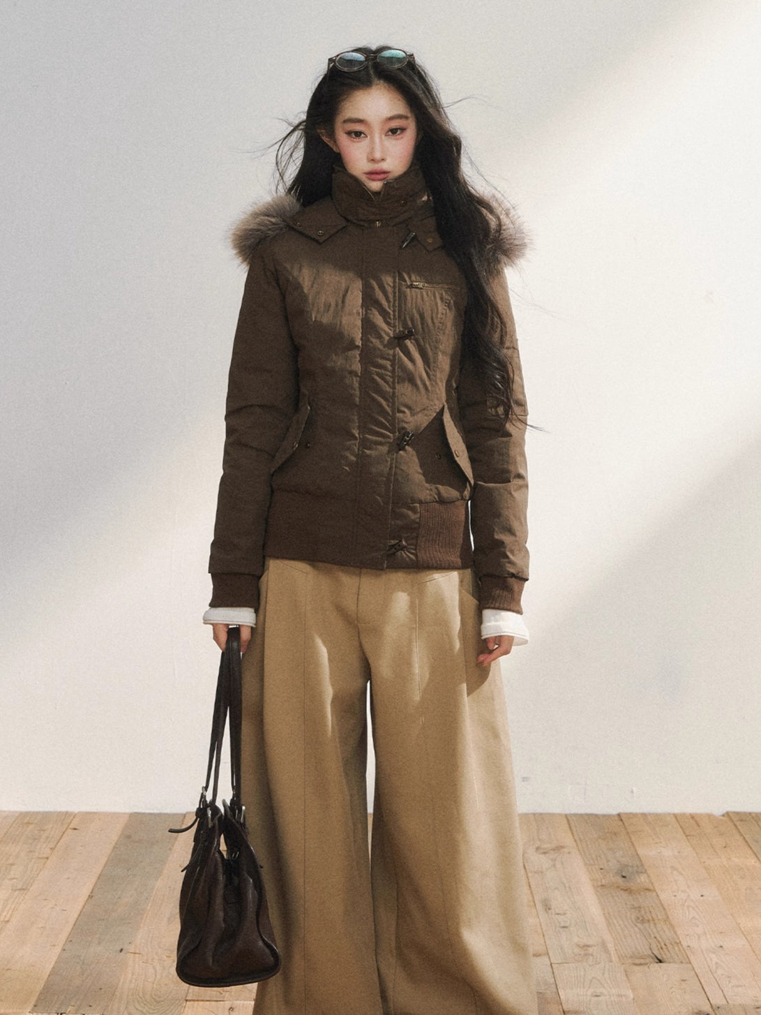 Two-Tone Faux Fur Collar Hooded Duffle Puffer Jacket