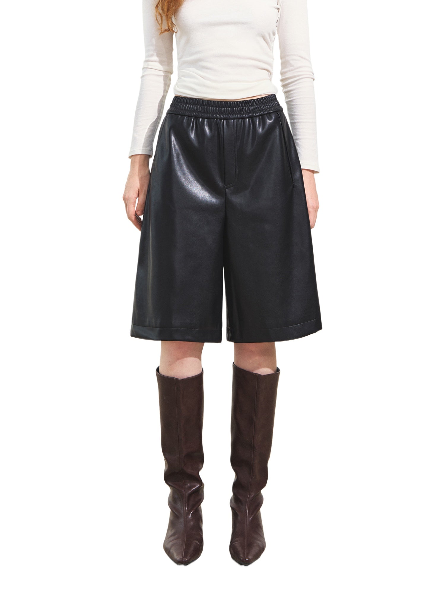 Elastic Waist Faux Leather Shorts - CHINASQUAD