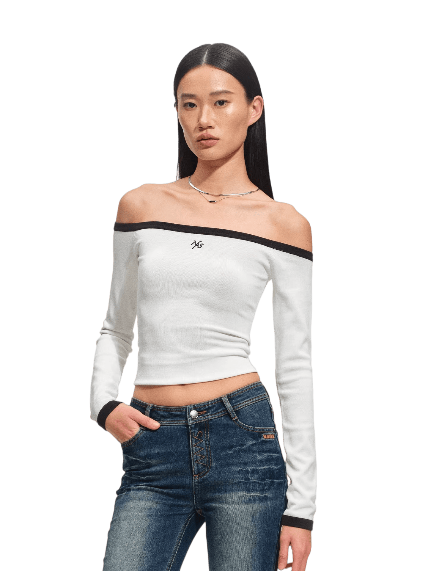 Kelly Off-Shoulder Contrast Knit Crewneck