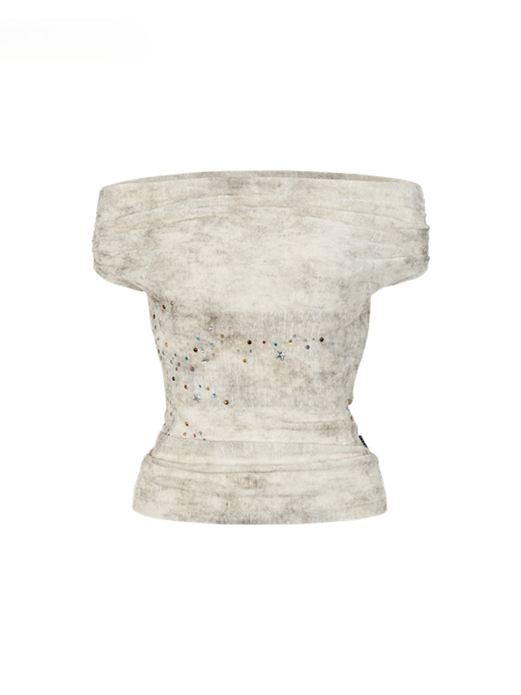 Colorful Rhinestone One-Shoulder Top T-shirt - CHINASQUAD