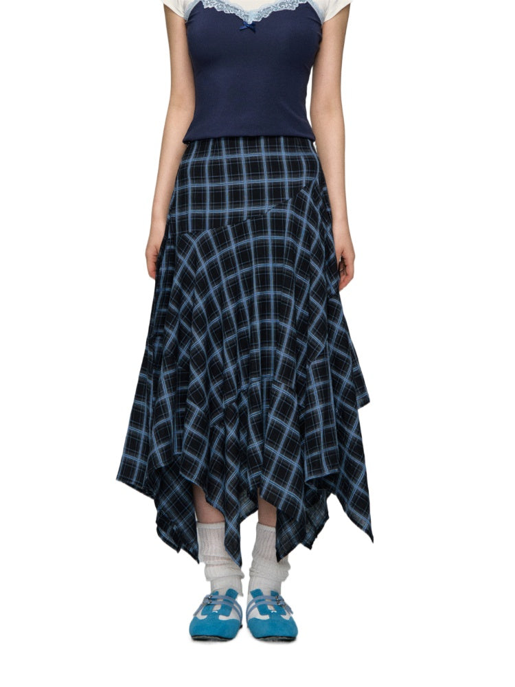 Irregular Navy Blue Checked Midi Skirt - CHINASQUAD