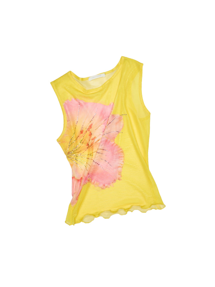 Floral Print Rhinestone Mesh Vest - CHINASQUAD