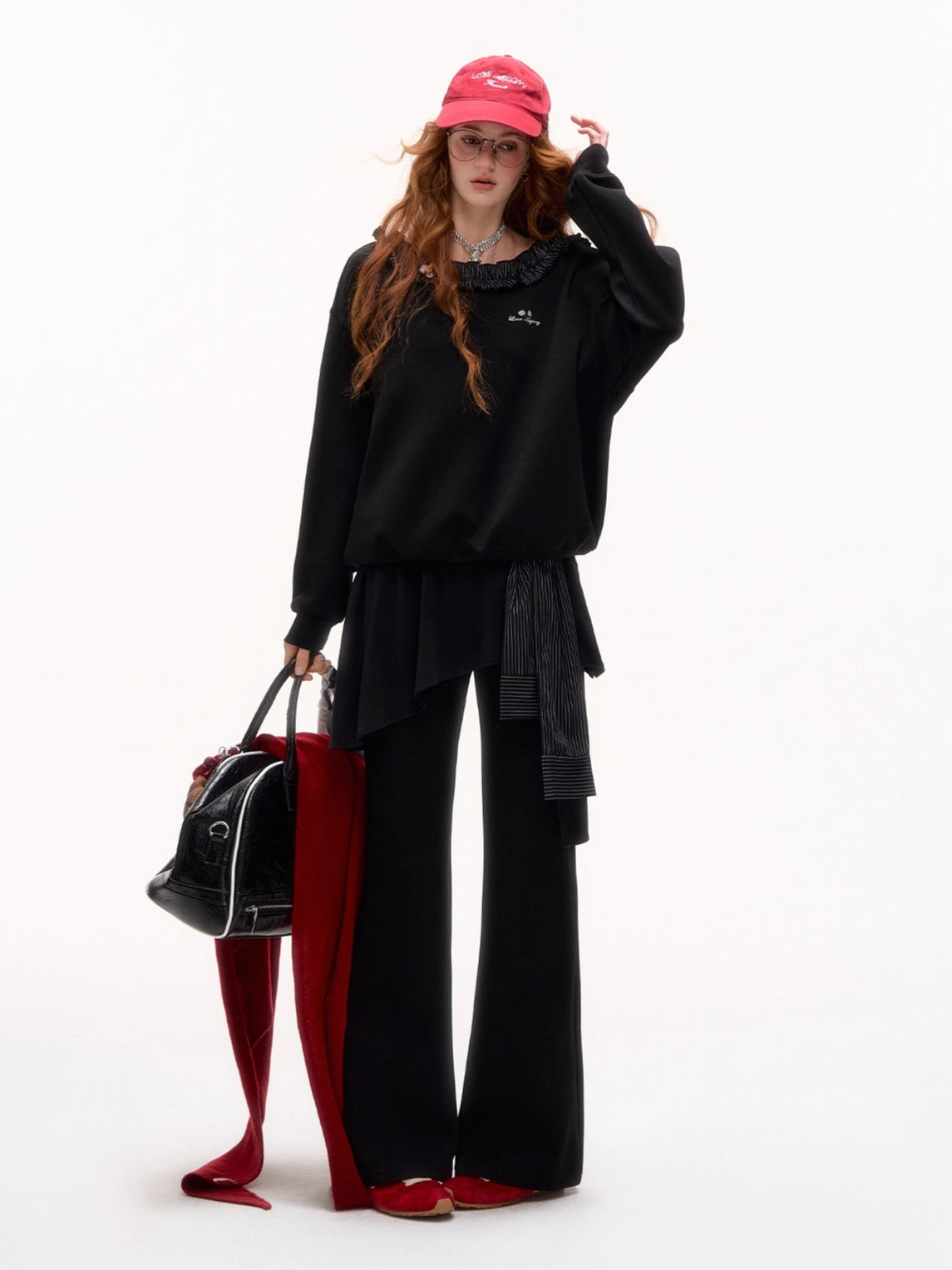 Stripe Ruffled Off-shoulder Sweatshirt - CHINASQUAD