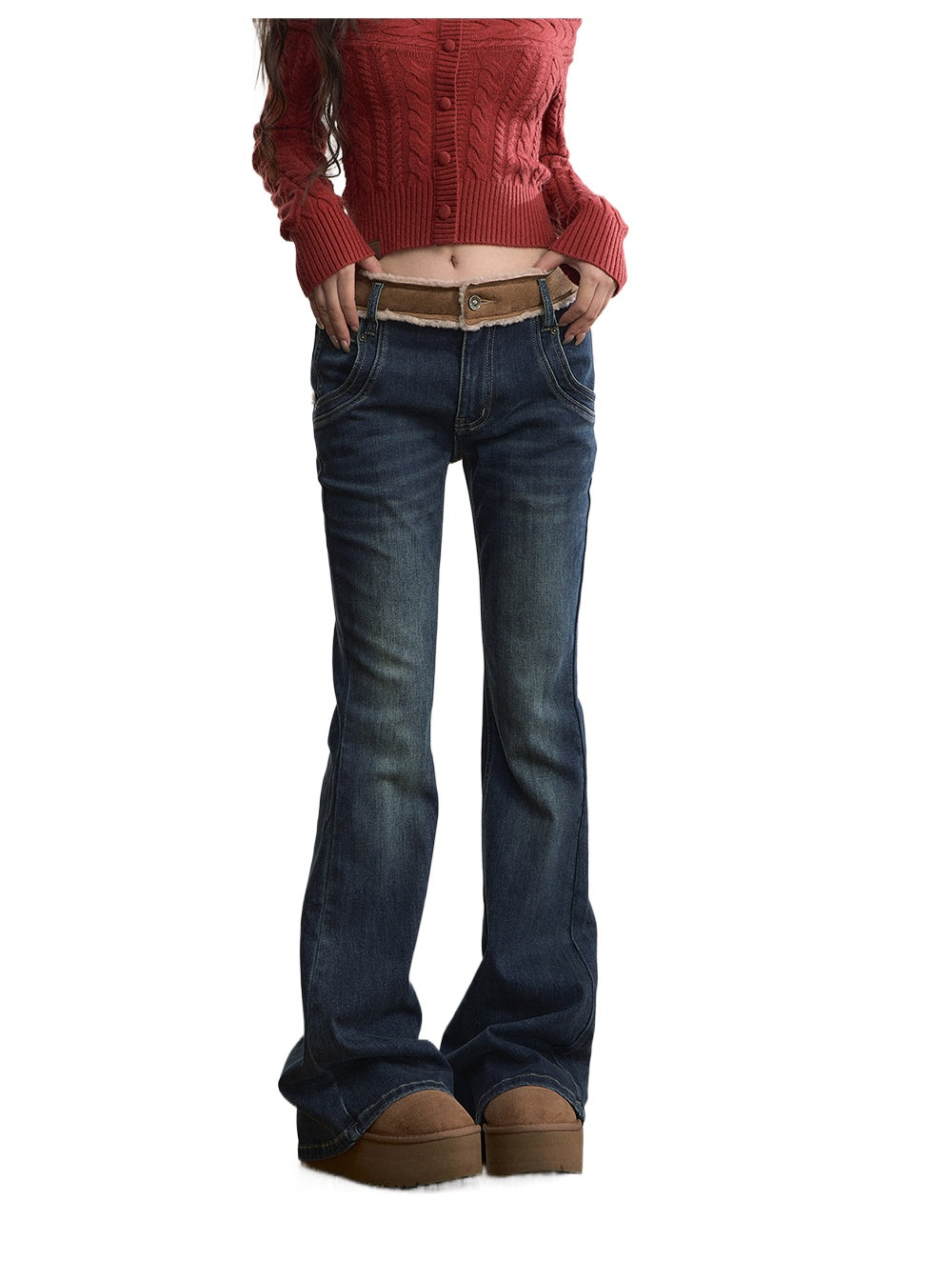 Contrast Panel Faux Fur Waist Flare Jeans