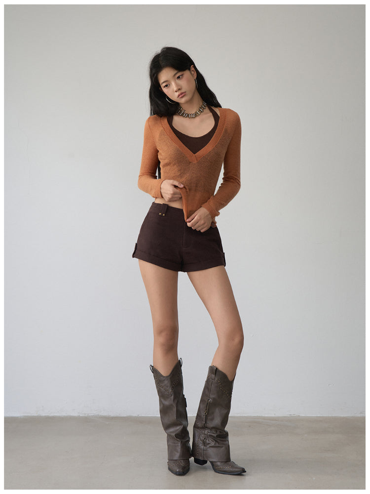 Fake Two-Piece Halter V-Neck Knit Sweater - CHINASQUAD
