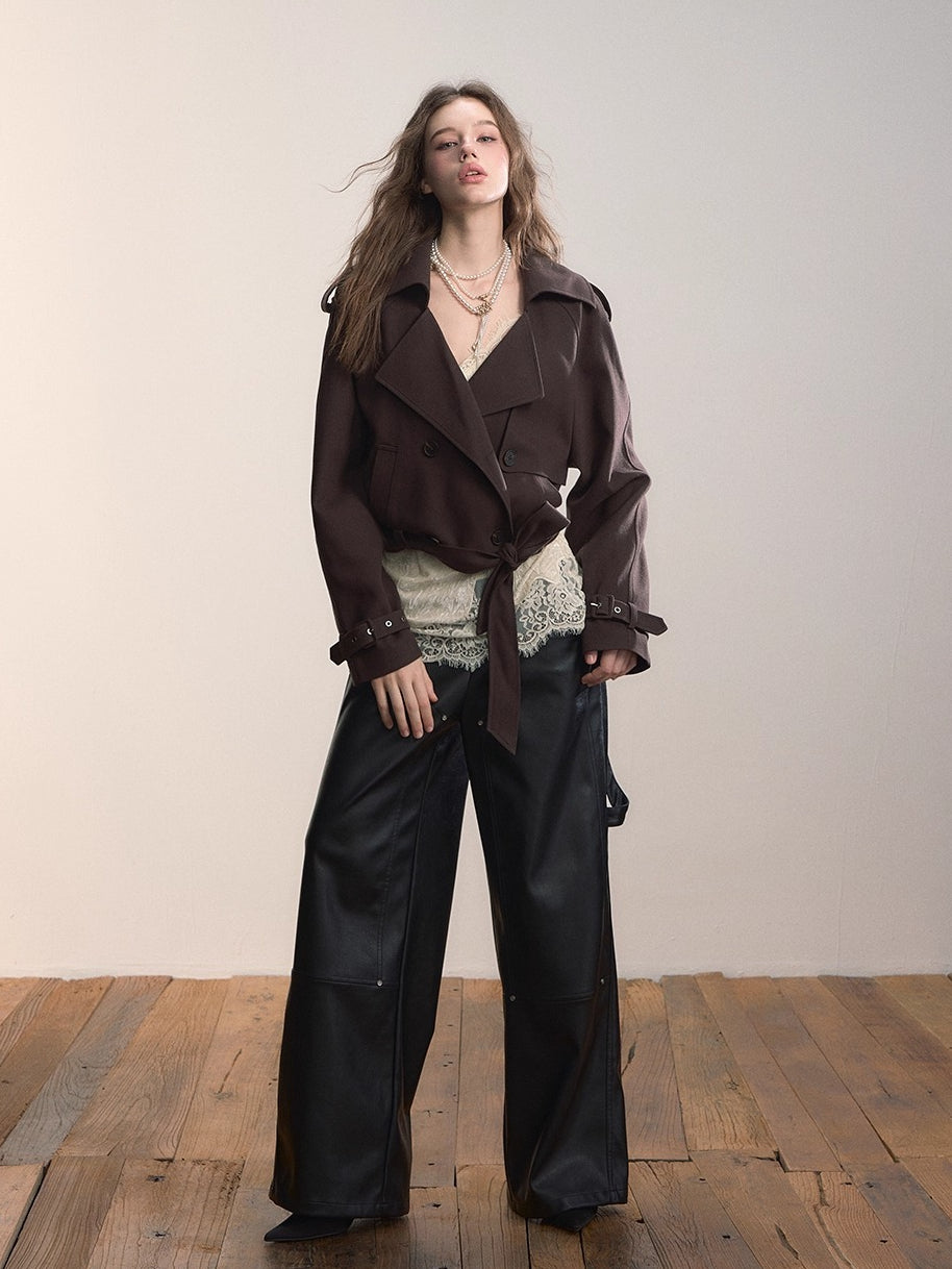 Lapel Collar Belted Cropped Trench Jacket - CHINASQUAD