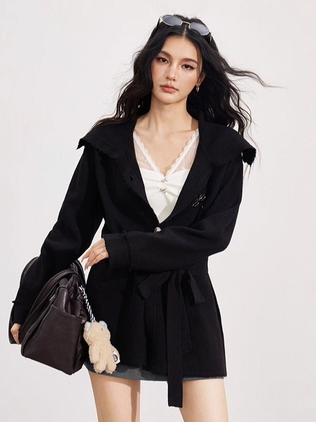 Belted Oversized Collar Knit Coat - CHINASQUAD