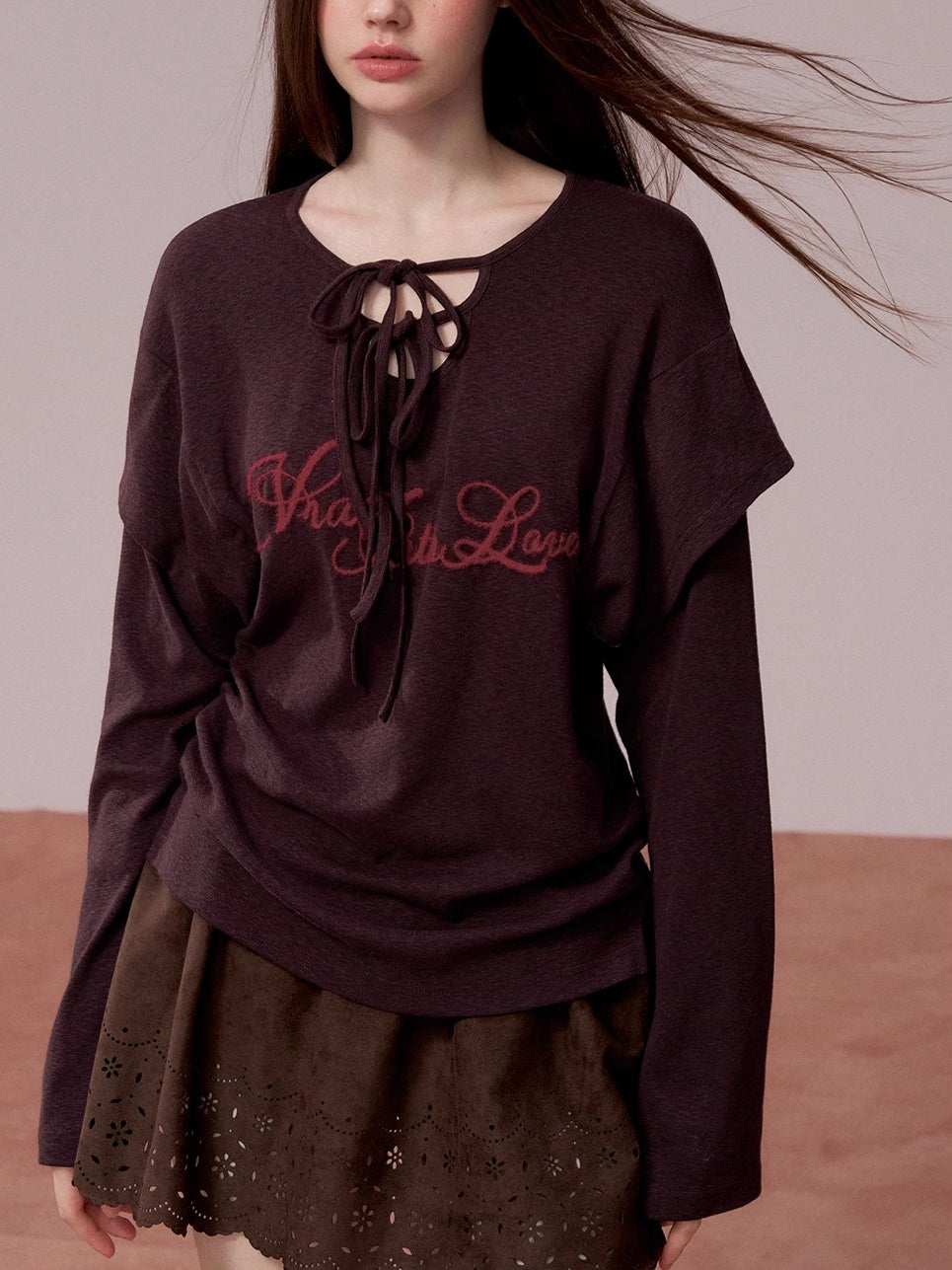 Embroidered Tie-Detail Long-Sleeve T-Shirt