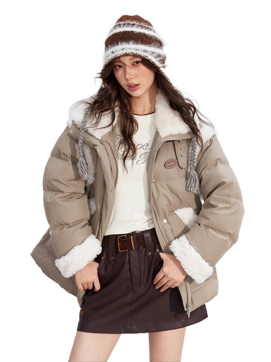 Shearling Panel 90% White Duck Down Jacket