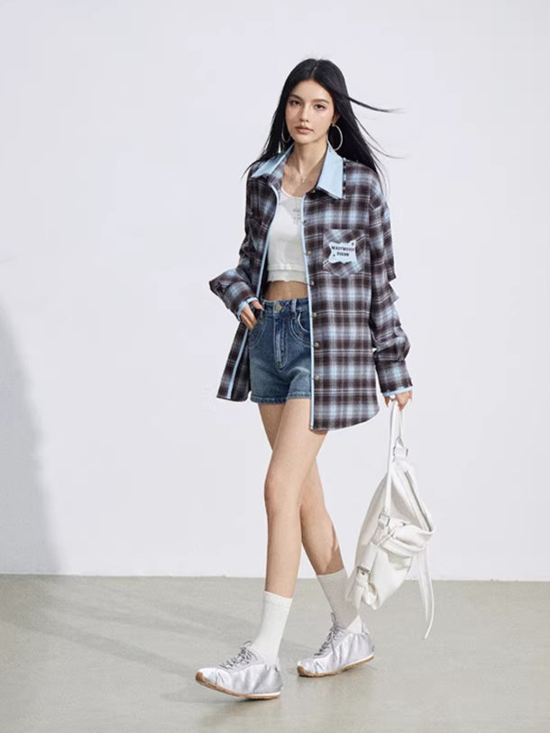 Vintage Contrast Embroidered Plaid Shirt