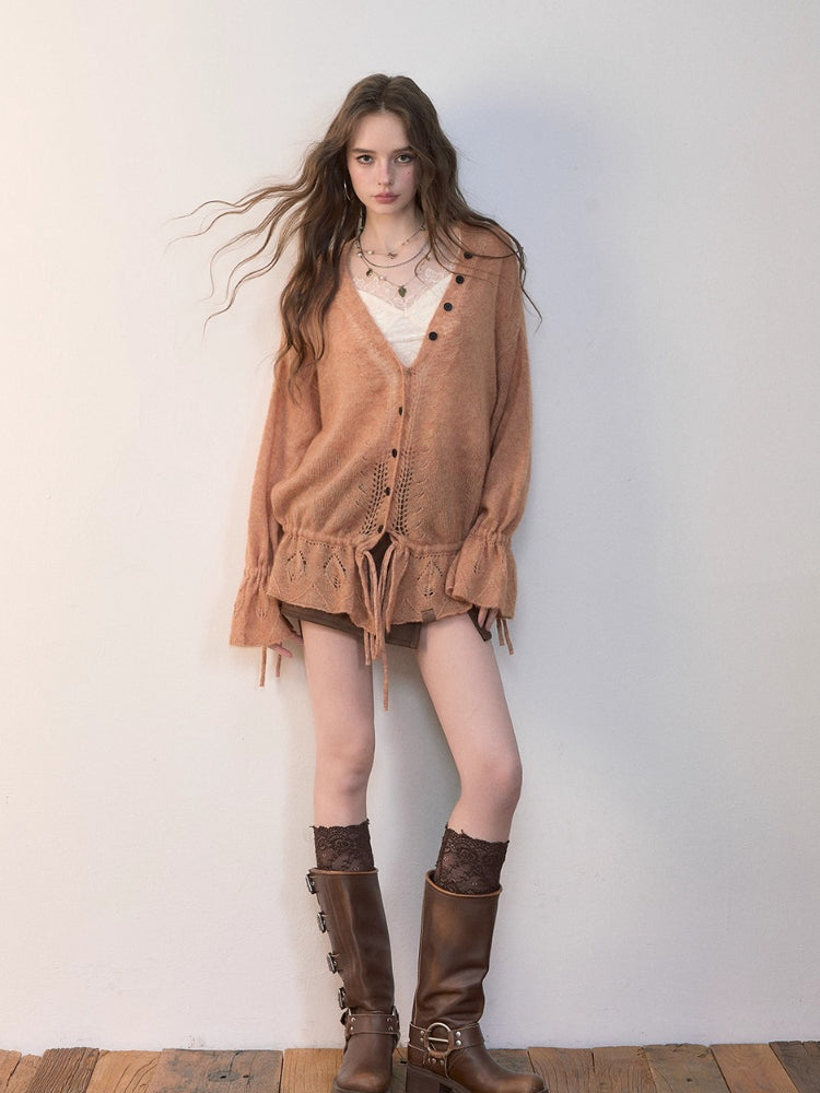 Drawstring Openwork Wool Knit Cardigan