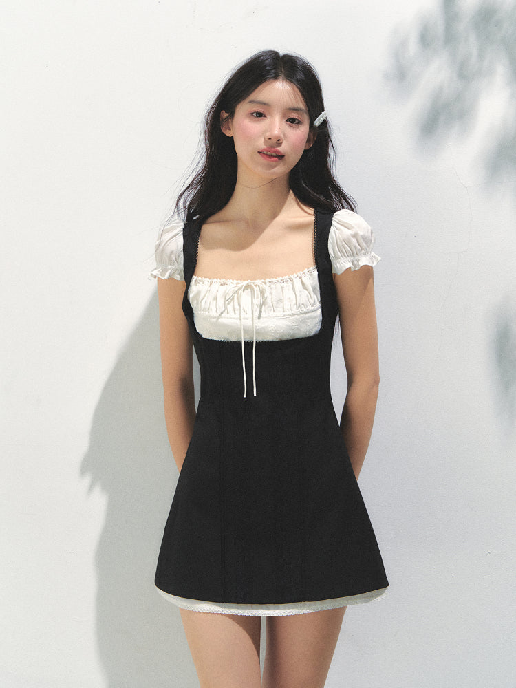 Black-White Contrast Two-piece Square Neck Dress - CHINASQUAD