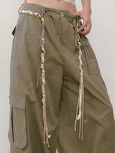 Wide-Leg Beaded Cargo Large Pockets Pants - CHINASQUAD