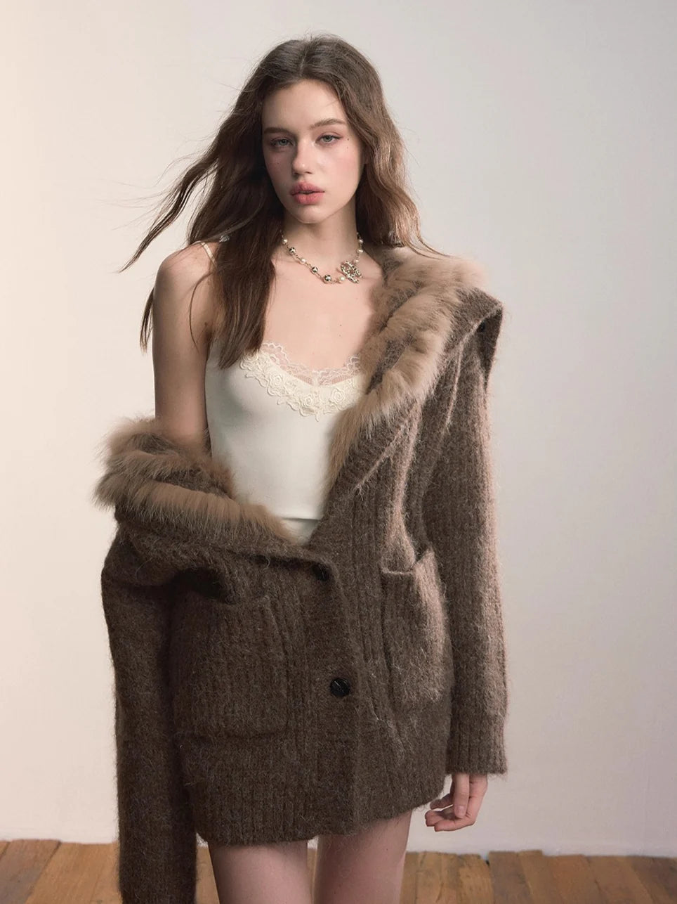 Fox Fur Collar Plush Knit Cardigan